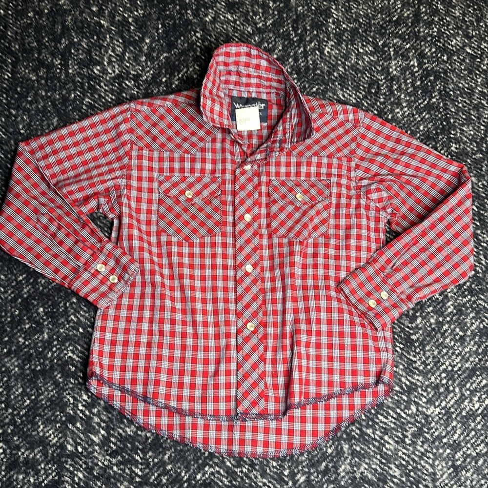 5-6 wrangler boys, western shirt button up long sleeve plaid, red and blue